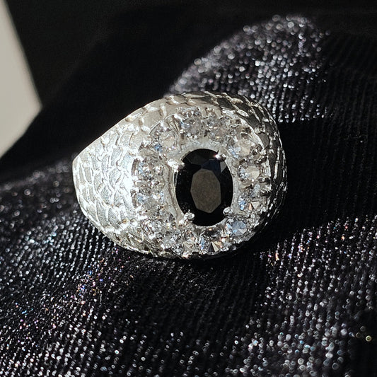 Oval CZ Halo 925 Sterling Silver Men's Nugget Ring with Black Center Stone