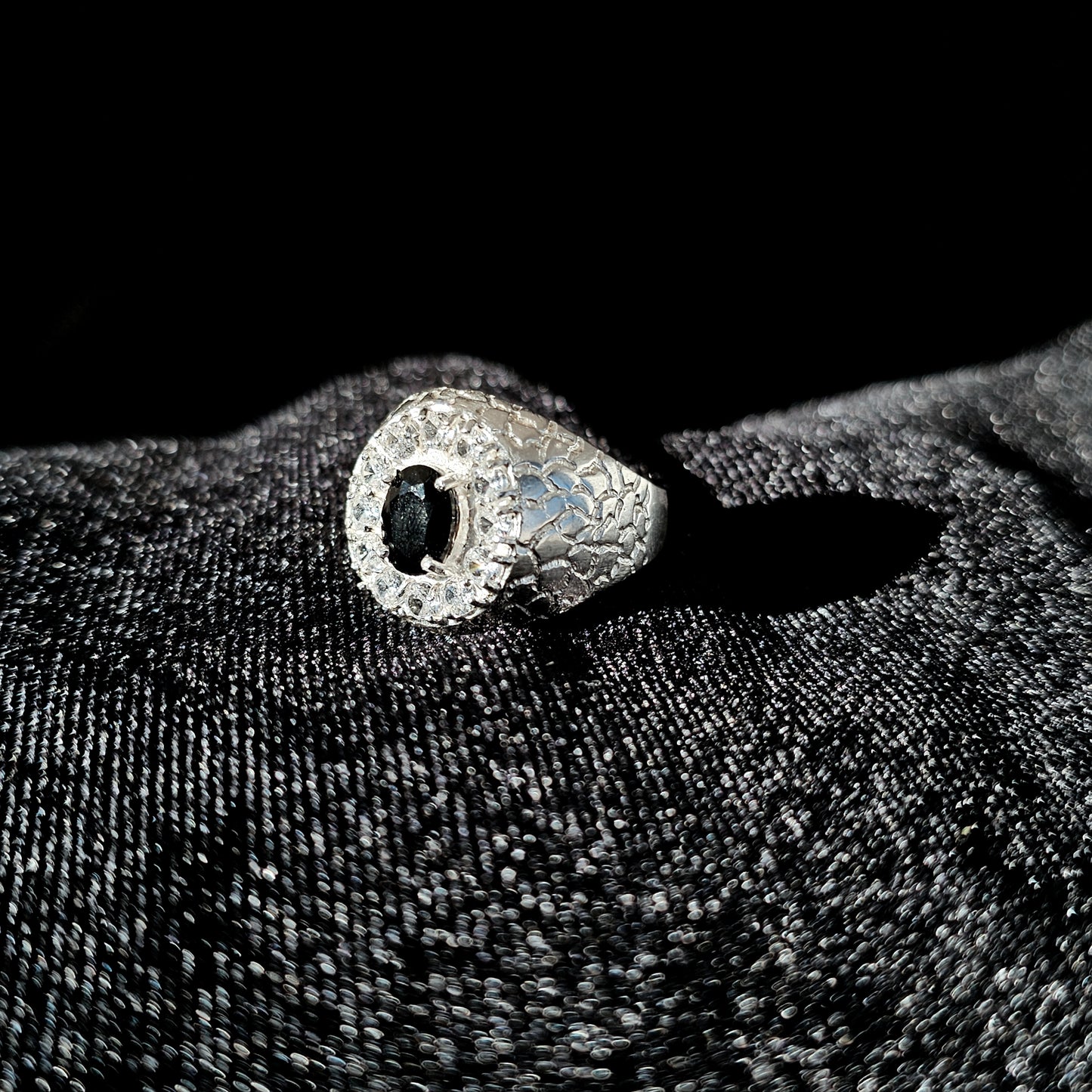 Oval CZ Halo 925 Sterling Silver Men's Nugget Ring with Black Center Stone