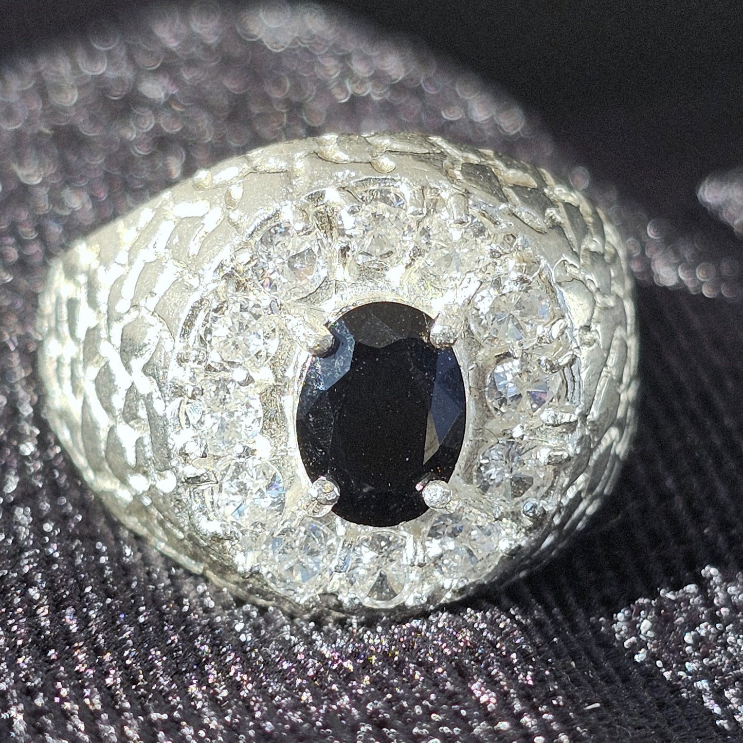 Oval CZ Halo 925 Sterling Silver Men's Nugget Ring with Black Center Stone