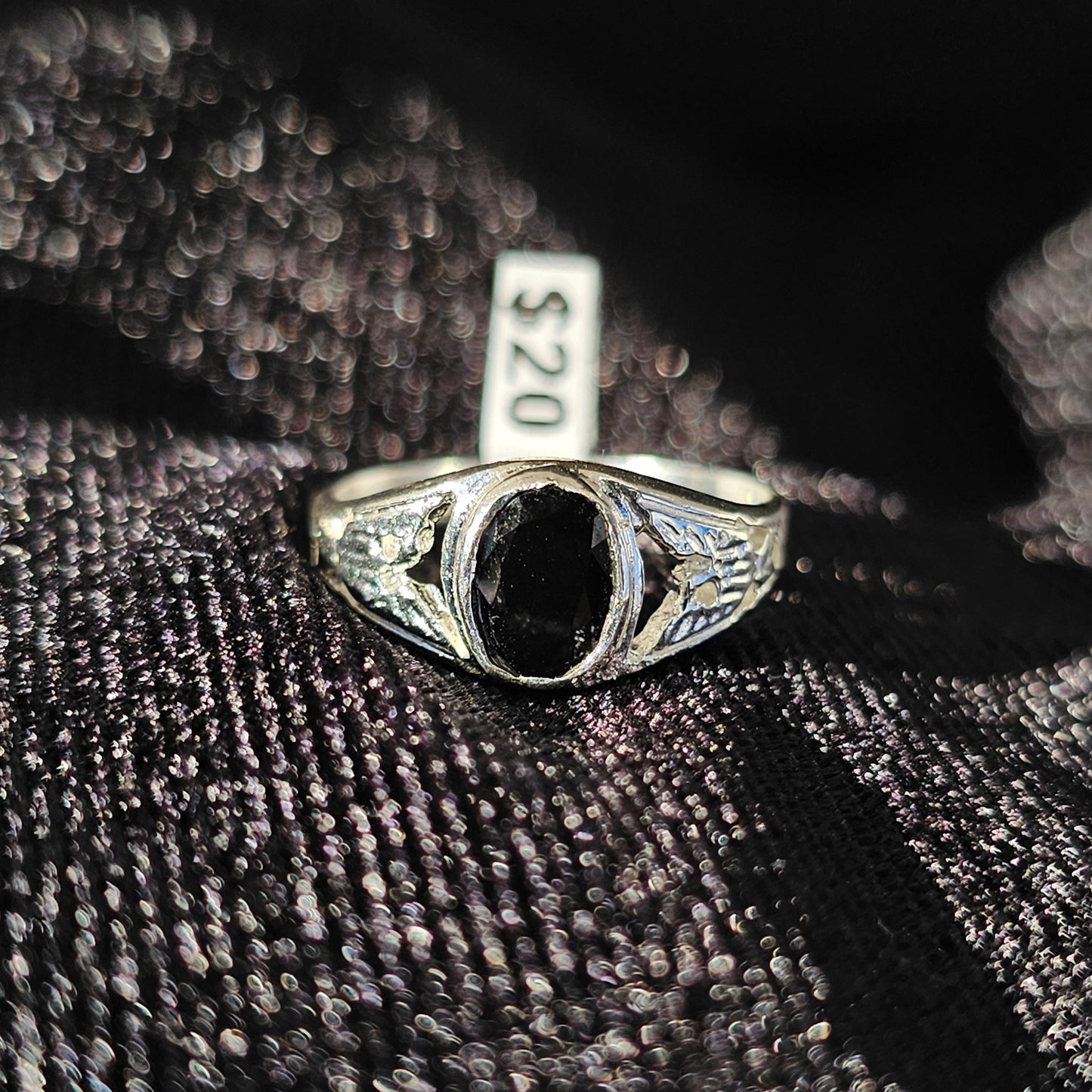 Sterling Silver Black Stone Ring with Spread Eagle Engraved Band