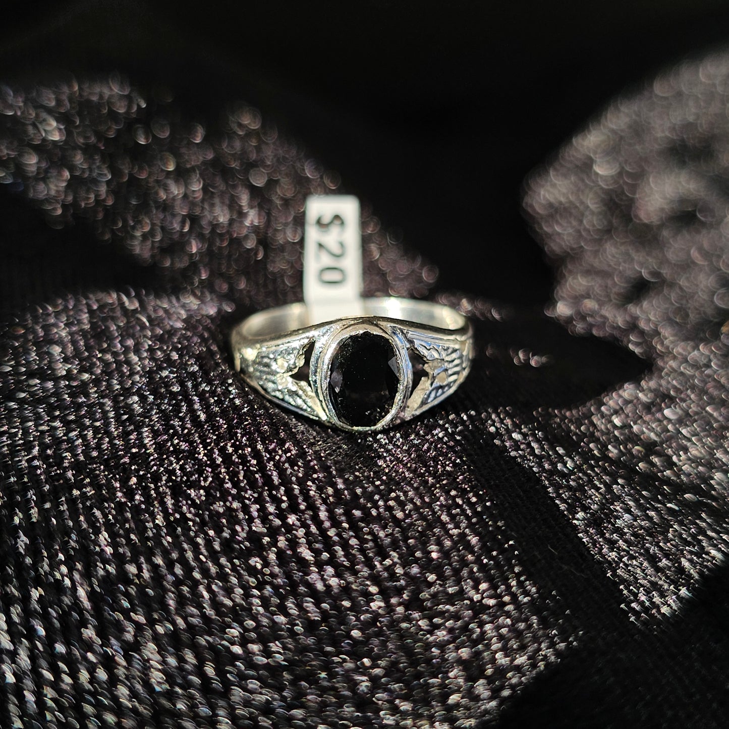 Sterling Silver Black Stone Ring with Spread Eagle Engraved Band