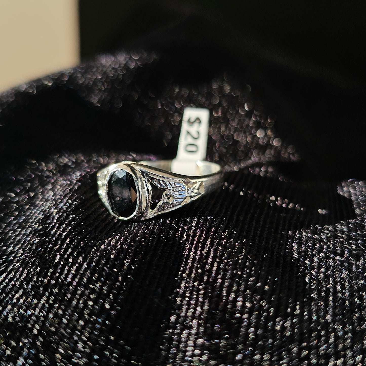 Sterling Silver Black Stone Ring with Spread Eagle Engraved Band
