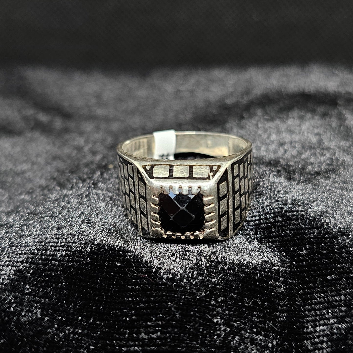 Black Square Stone Brick Band Sterling Silver Design Men's Ring
