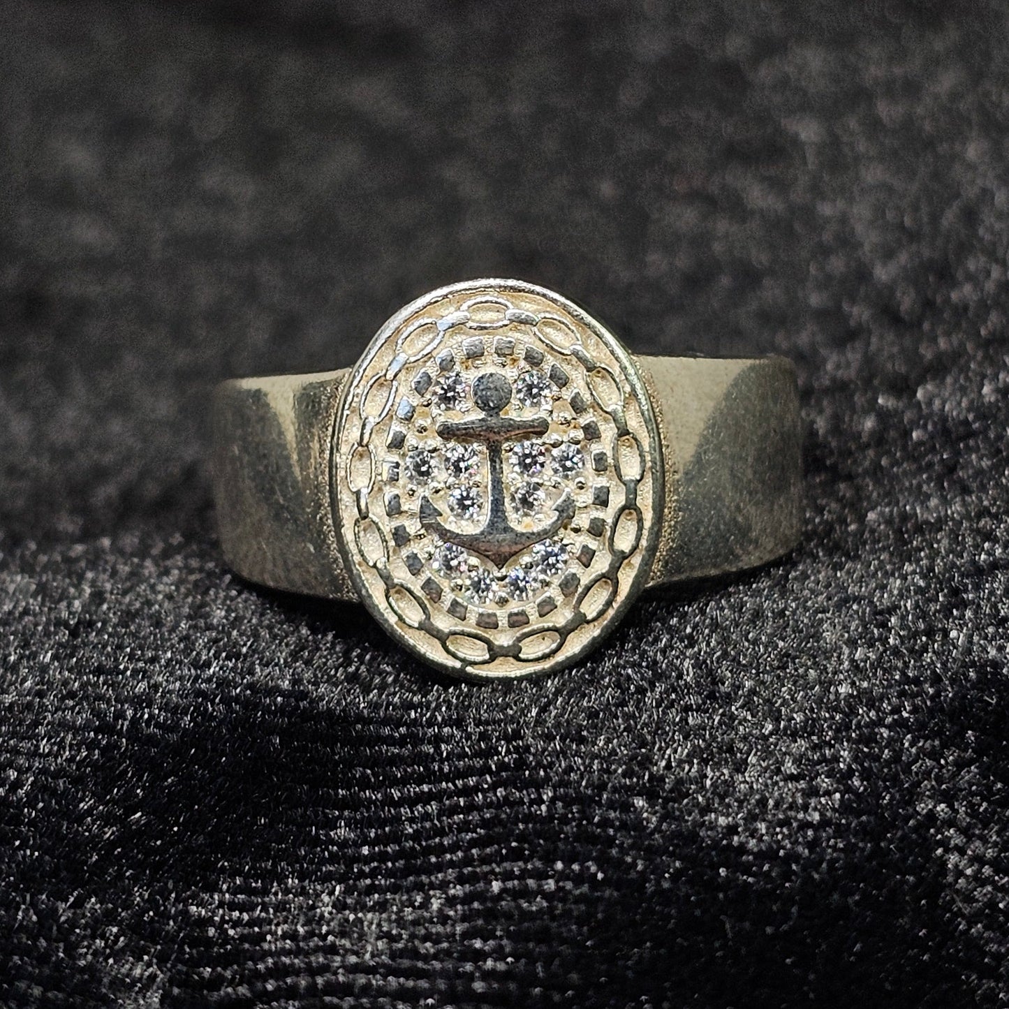 Anchor Unisex Sterling Silver Ring with CZ Stones