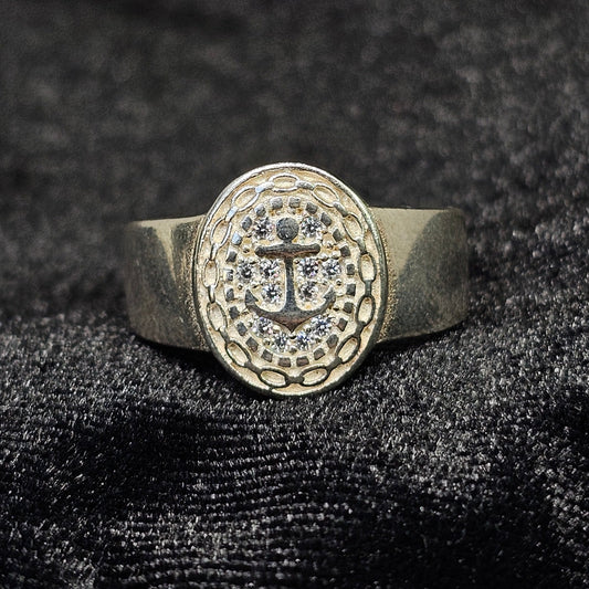 Anchor Unisex Sterling Silver Ring with CZ Stones