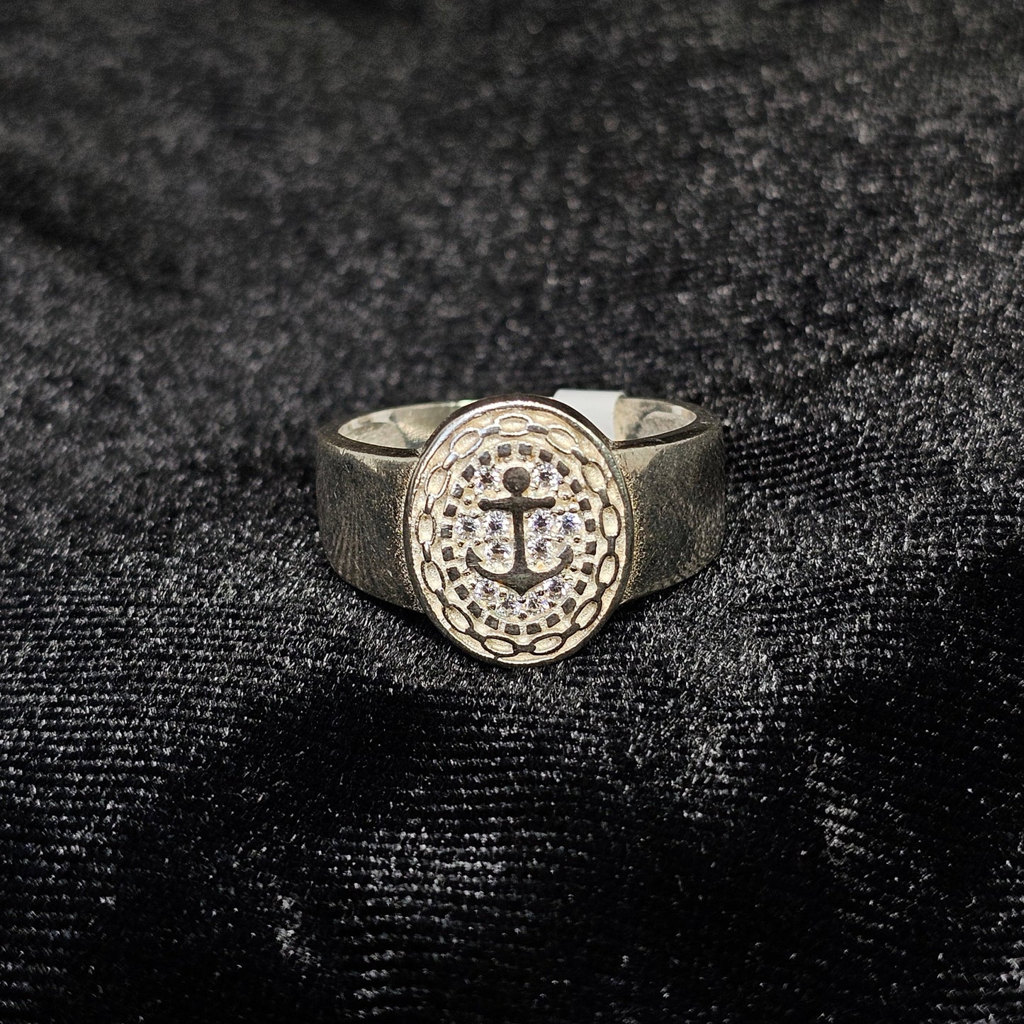 Anchor Unisex Sterling Silver Ring with CZ Stones