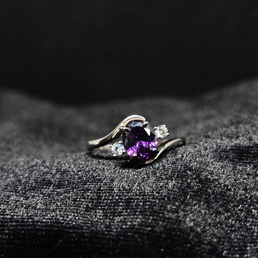 Purple Stone Silver Ring with 2 Small White Stones
