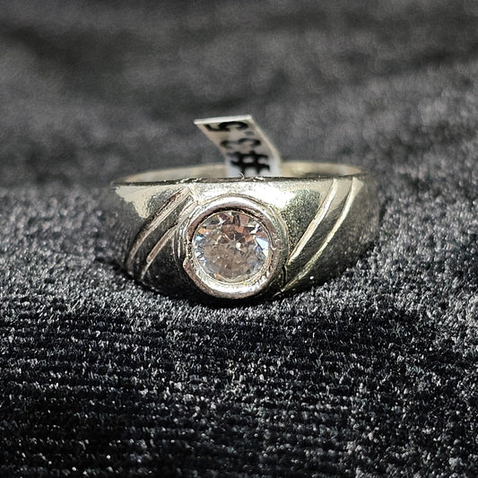 Thick Band Solitaire Silver Ring