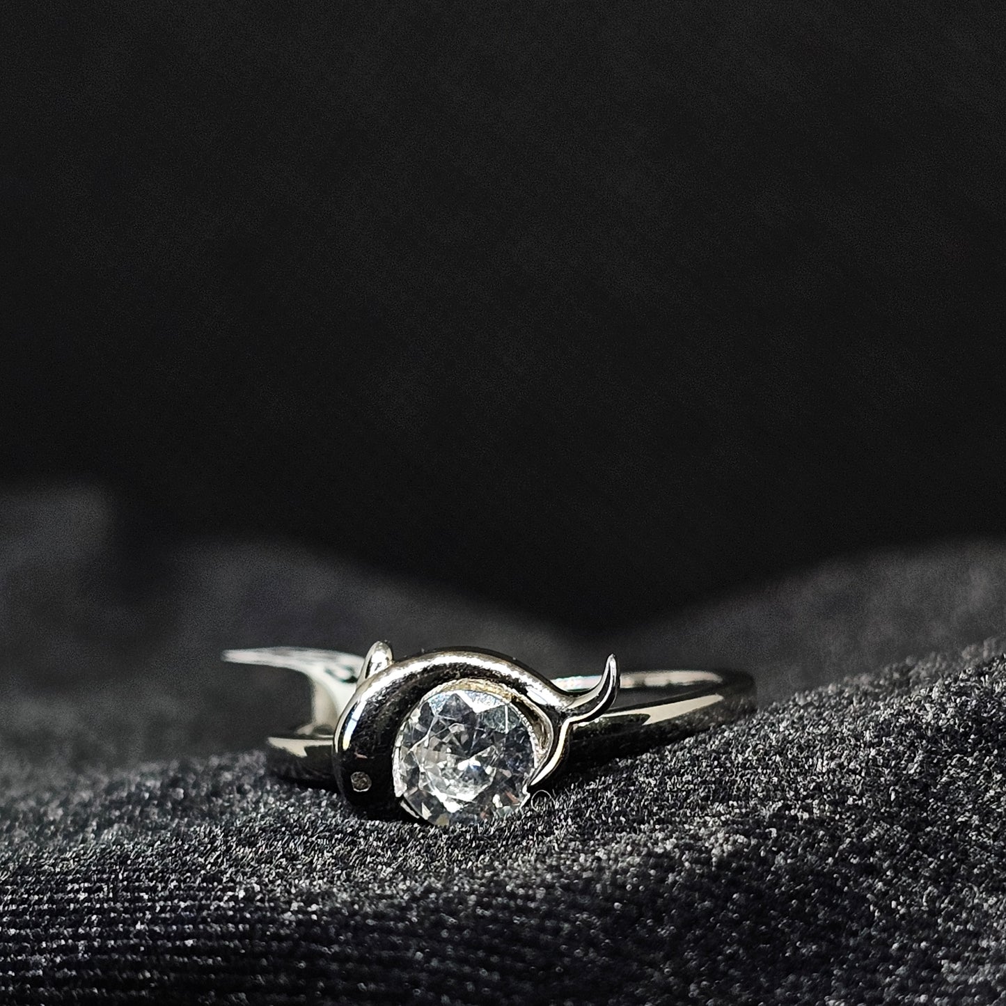 Dolphin Silver Ring with Solitaire Stone