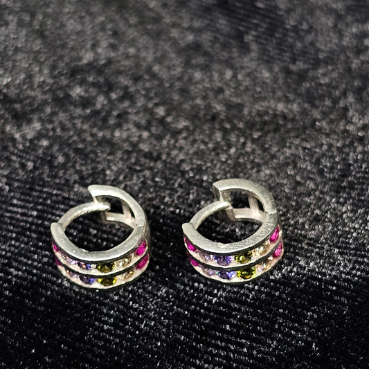 Multicolor Stone Small Hoop Silver Earrings