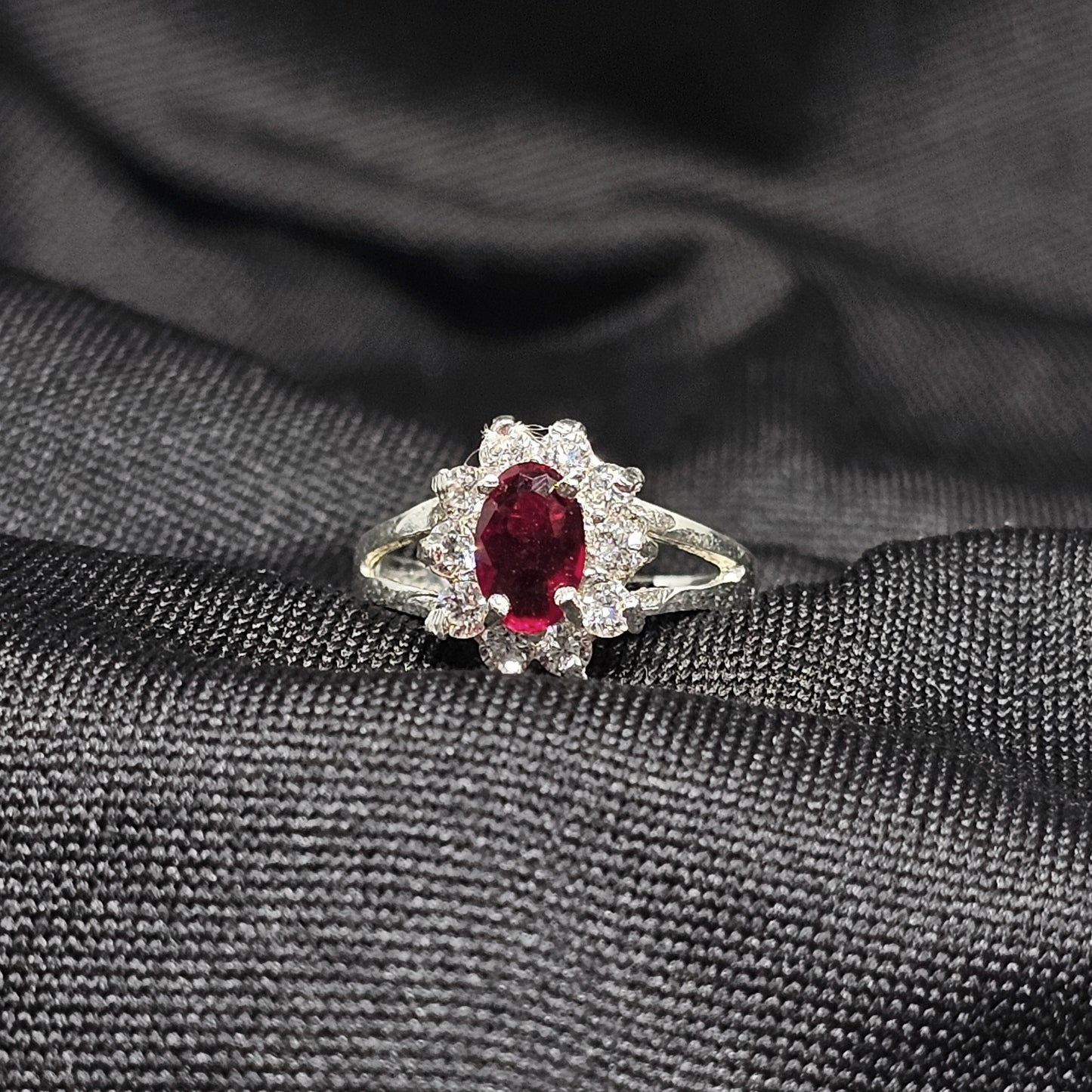 Red Oval Stone Ring CZ Halo 925 Sterling Silver