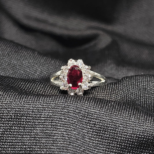 Red Oval Stone Ring CZ Halo 925 Sterling Silver