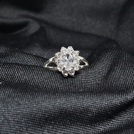 White Oval Stone Ring CZ Halo 925 Sterling Silver